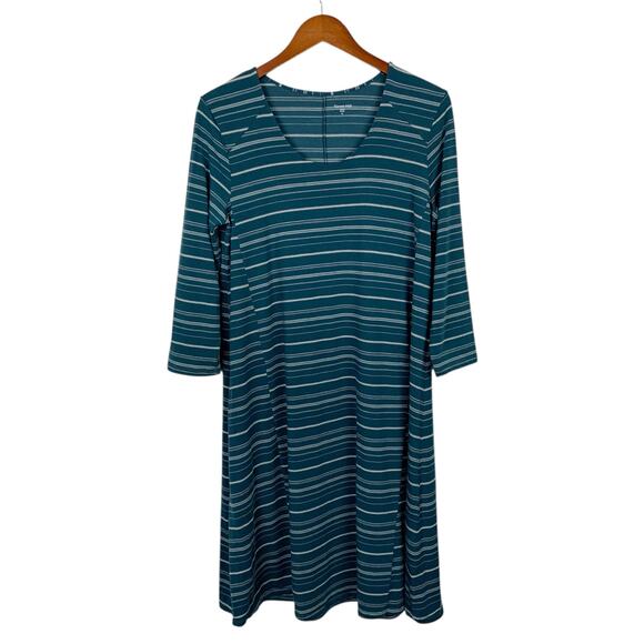Garnet Hill Dress Trapeze Swing Teal Stripe 3/4 Sleeve Knee Length Women's M - Picture 1 of 7